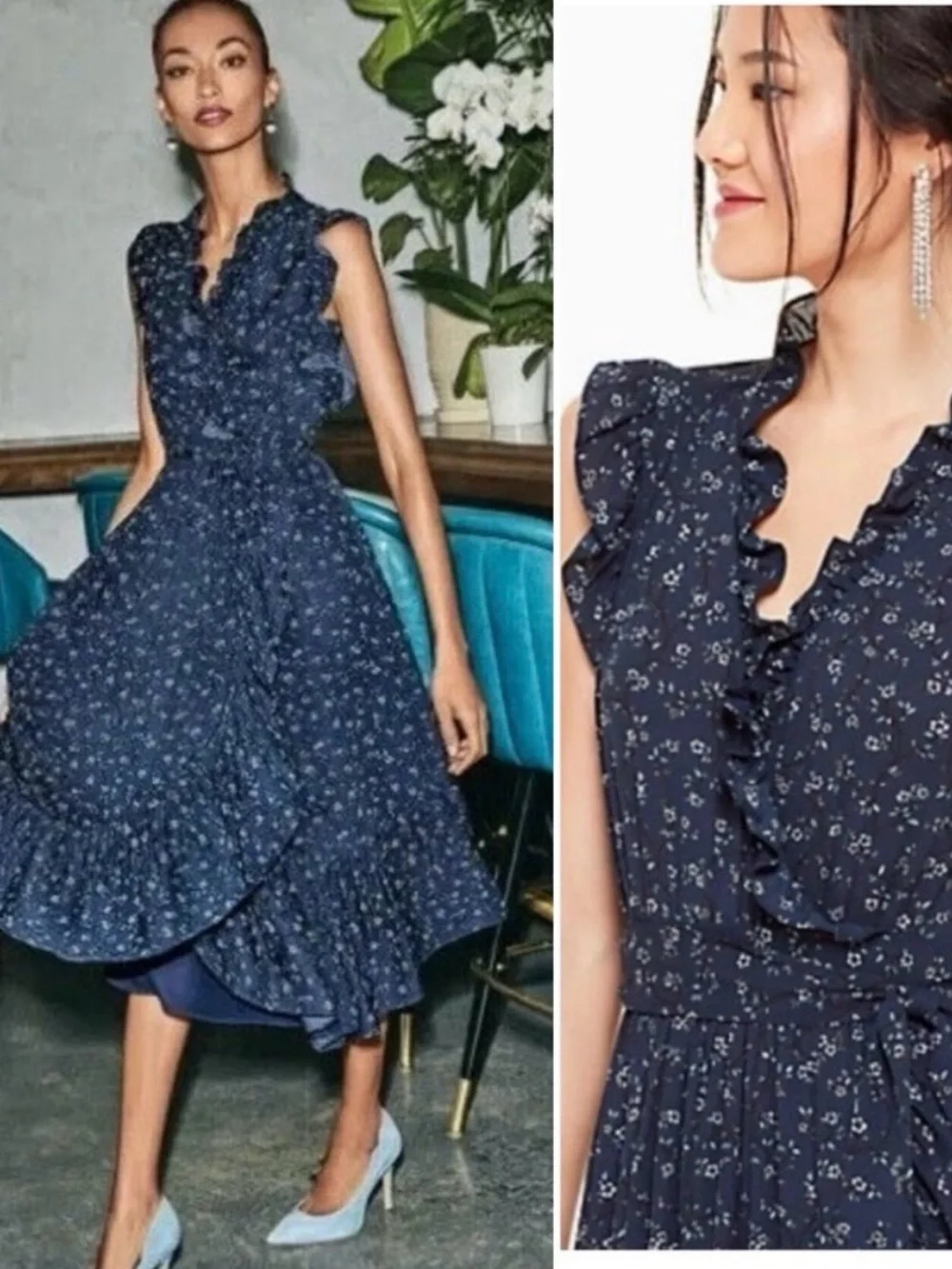 kate spade Navy Floral Ruffle Midi Dress - Picture 1 of 7